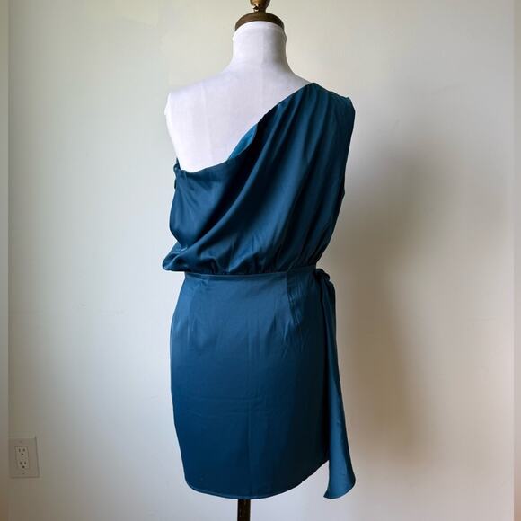 LULUS ELEGANR POISE DARK TEAL BLUE SATIN ASYMMETRICAL TIE FRONT DRESS SMALL - Picture 5 of 9